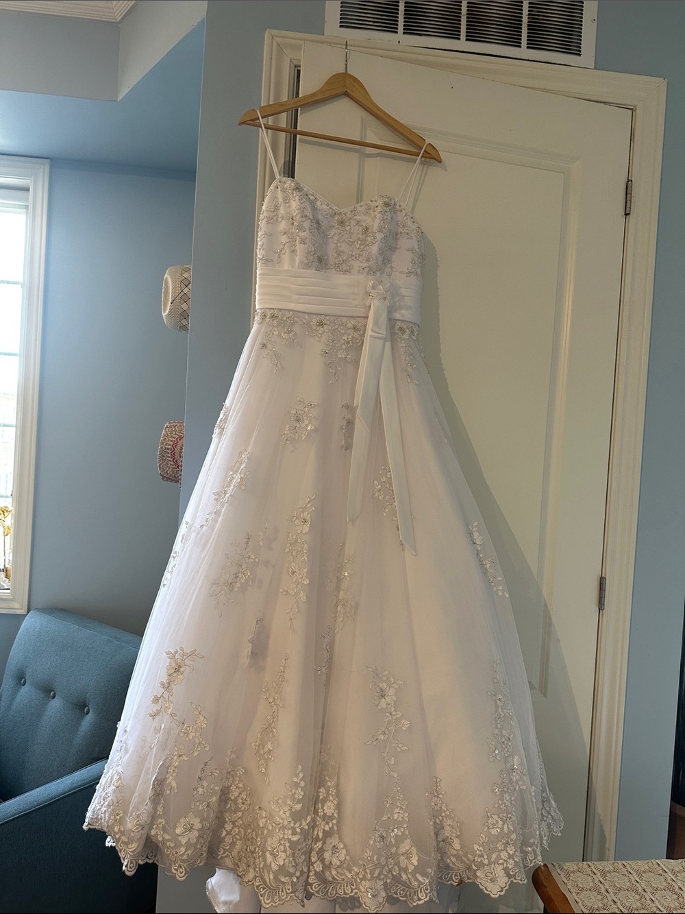 Alfred Angelo Ivory Lace A-Line Wedding Gown with Bow Sash